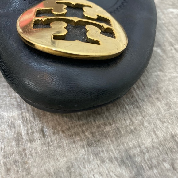 TORY BURCH Black Leather Reva Ballet Flats with Gold Logo Embellishment on Toes - Picture 6 of 12